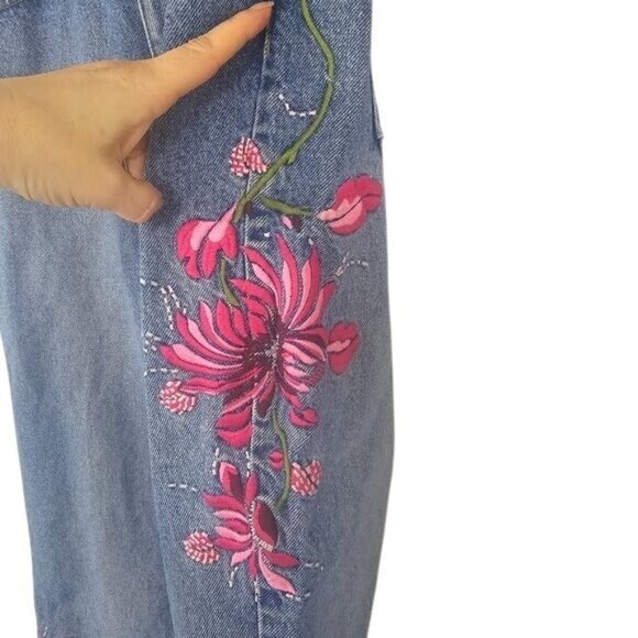 VTG Express Bleus 90s Y2K Jeans Sz 9/10 Embroidered Flowers Denim High Waist - Picture 4 of 8